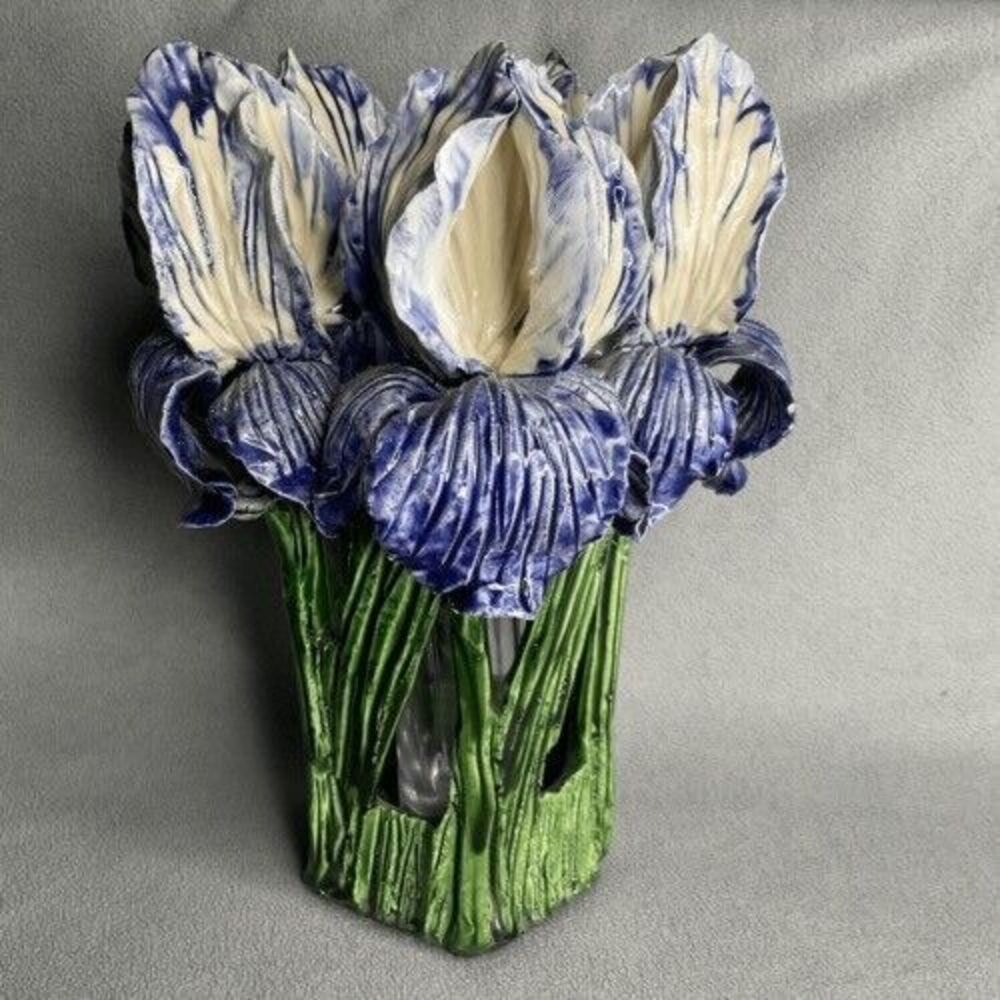 Avatar Pottery HandMade Iris Signed Sculpted Ceramic Vase Majolica Garden 11"T